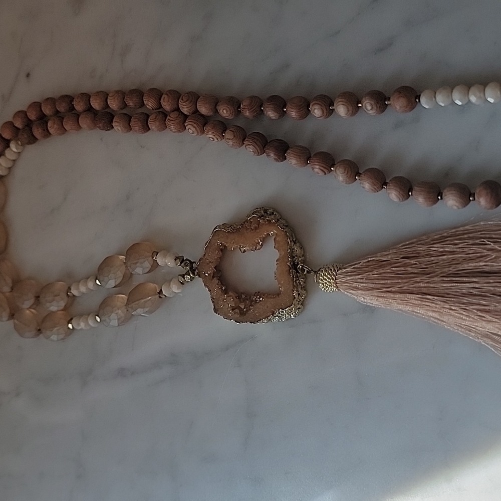 Anthropologie Nakamol Crystal Druzy Beaded Long Necklace Tassel - Picture 6 of 7